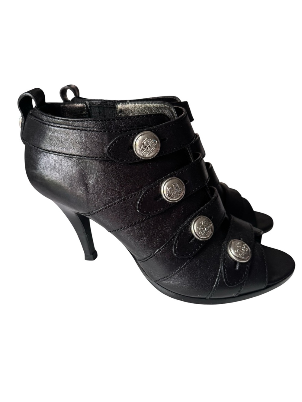 Coach Black Leather Open-toe Booties with Decorative Buttons
